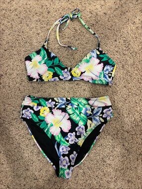 Floral High-Waist Bikini Set in Black with Pink & Yellow Flowers